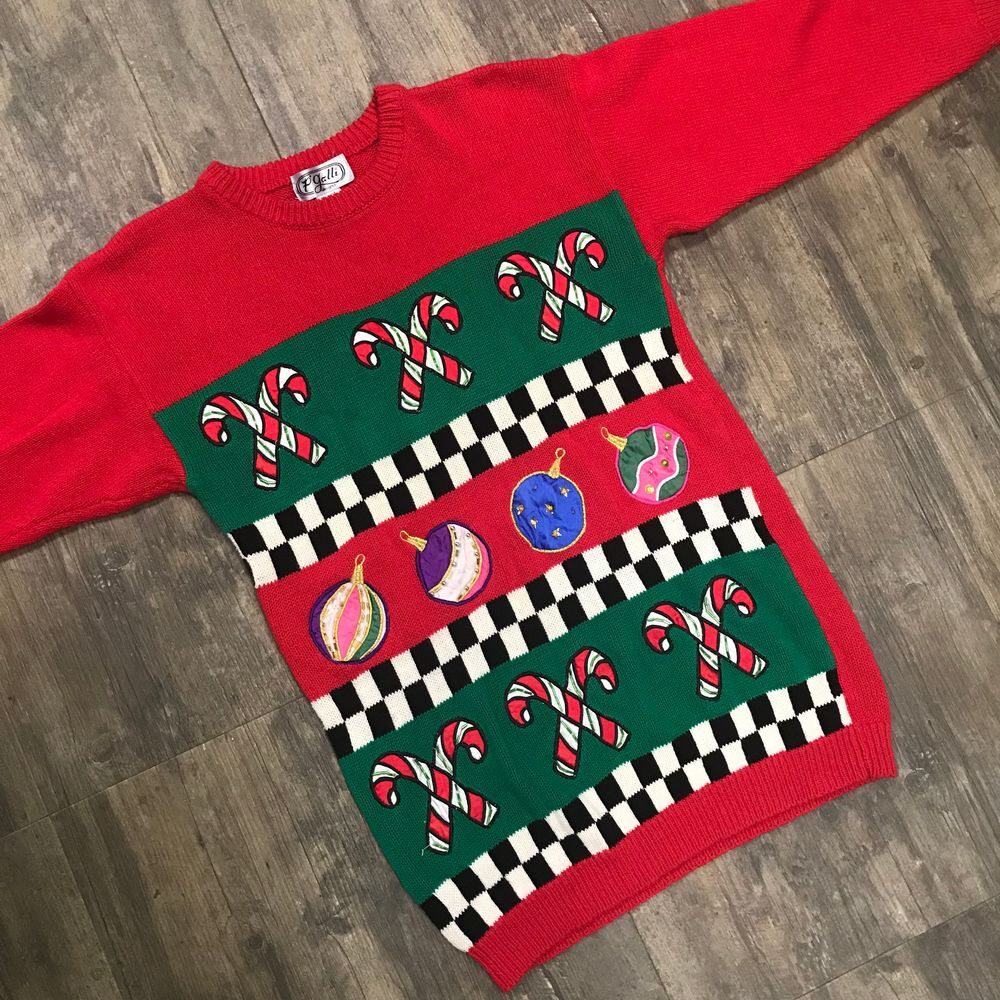 Vintage P Galli Christmas Sweater Women Size Small‎ LONG Candy Canes Ornaments